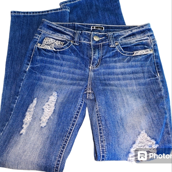 Soundgirl Distressed Bootcut, Size 7 Jeans With Fancy Embellishments - Picture 1 of 7